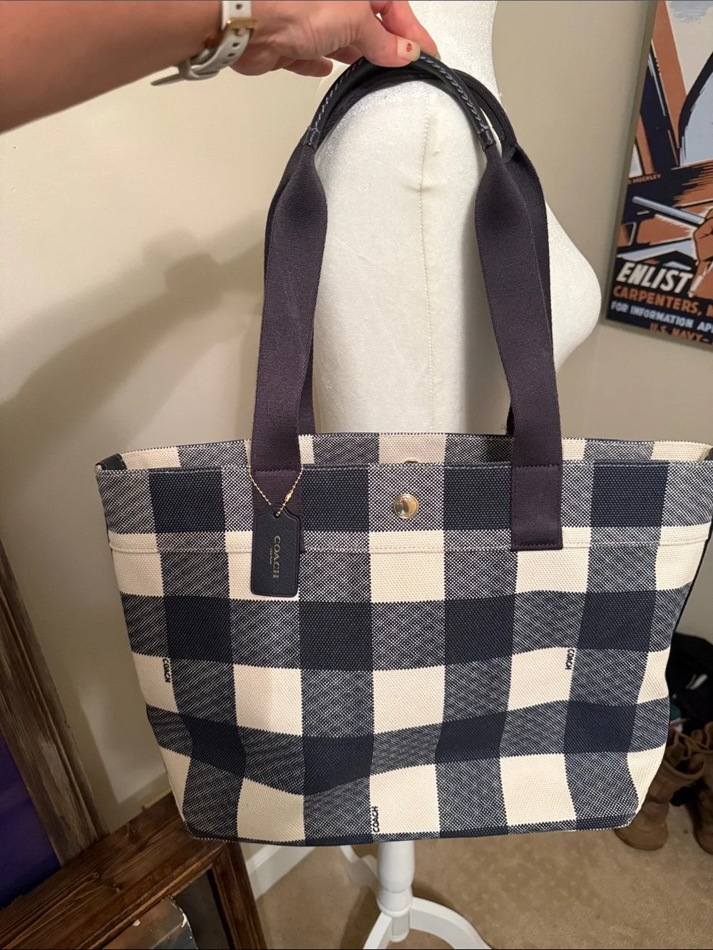 Coach Cream and Blue Buffalo Check Canvas Tote with Long Straps